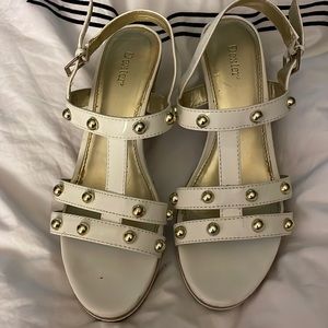 Dexter T Strapped Wedge Sandals with Gold Hardware